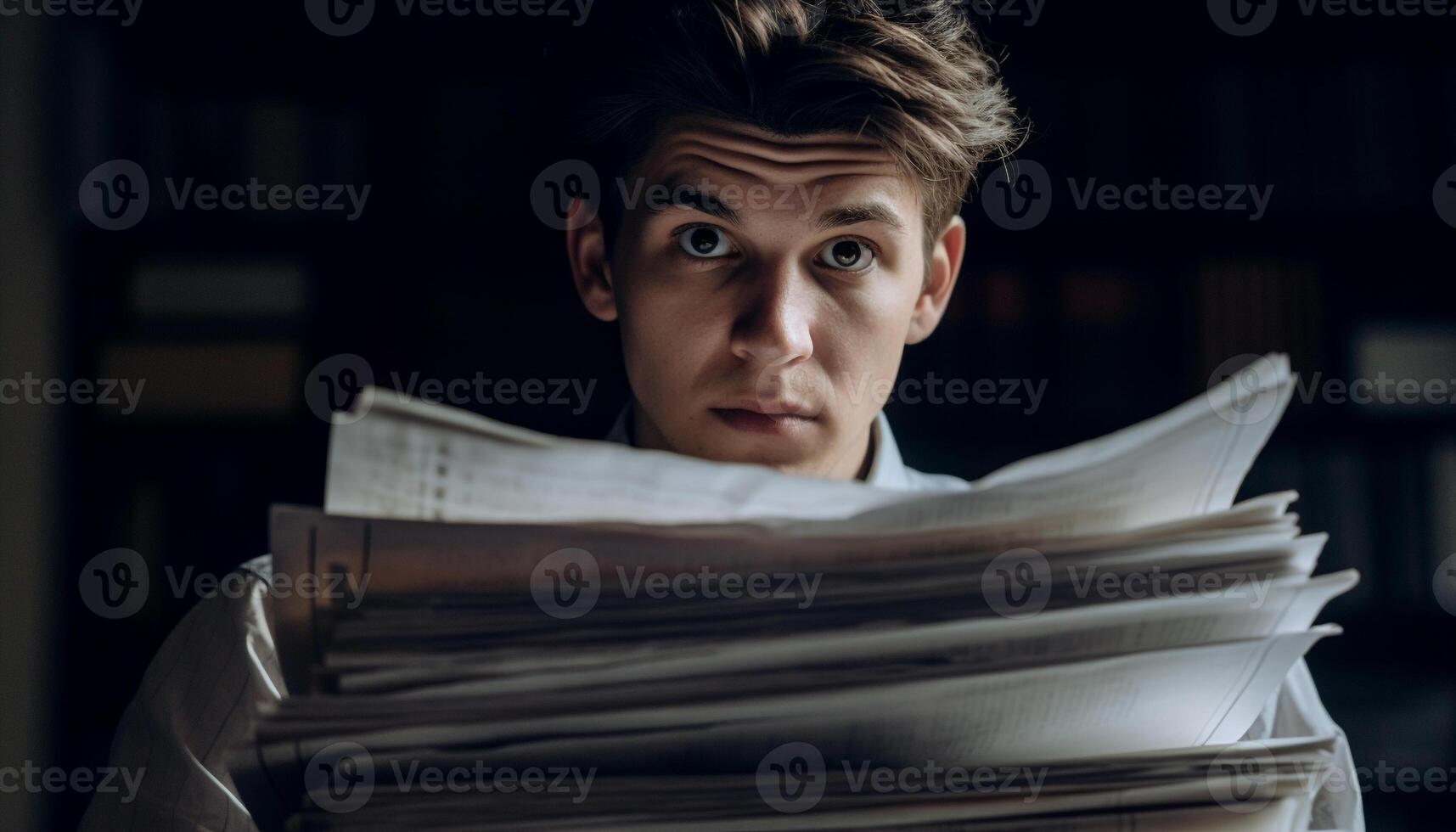 Stressed businessman reading paperwork, surrounded by documents generated by AI photo