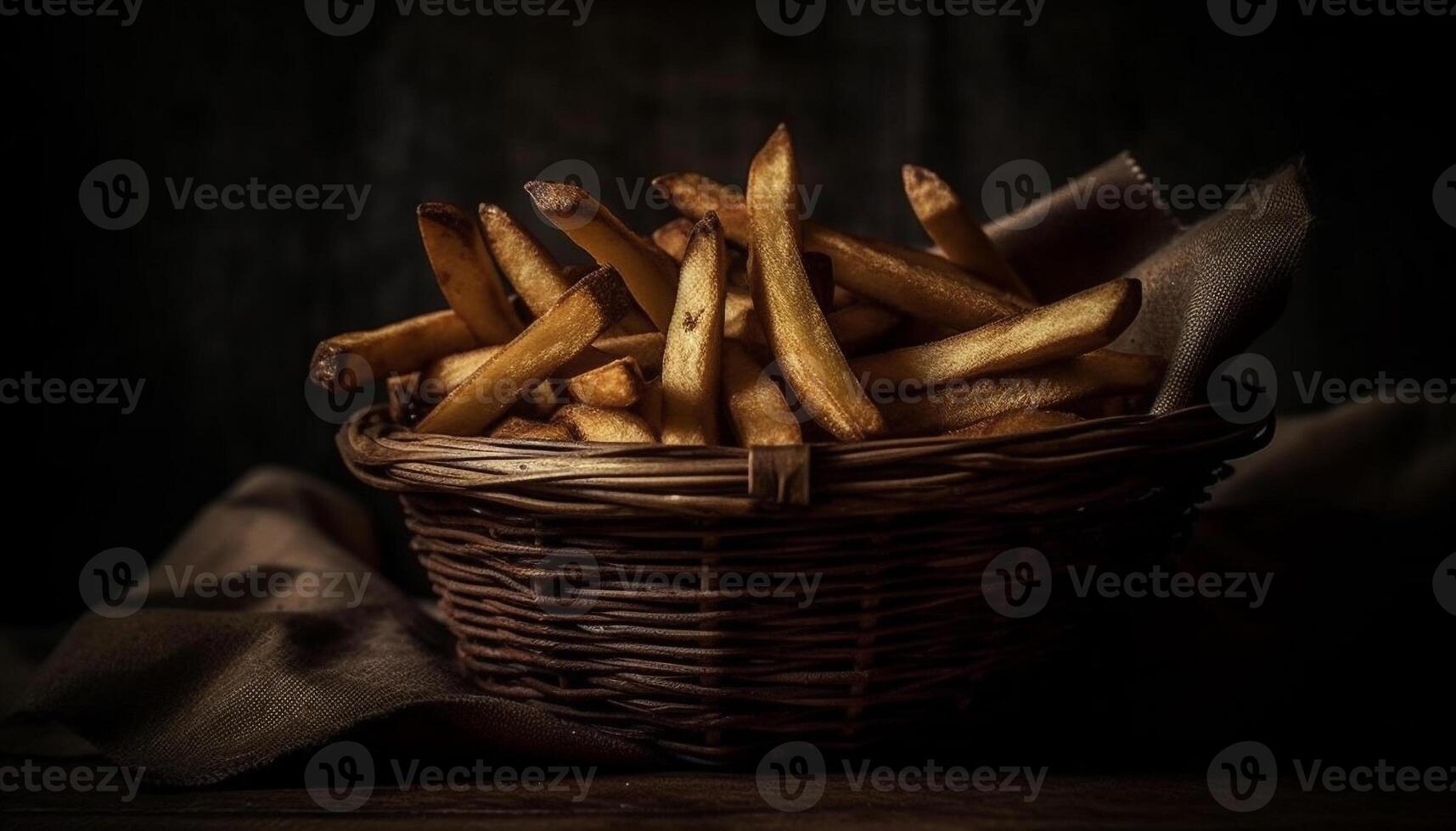 Rustic wicker basket holds crunchy French fries generated by AI photo