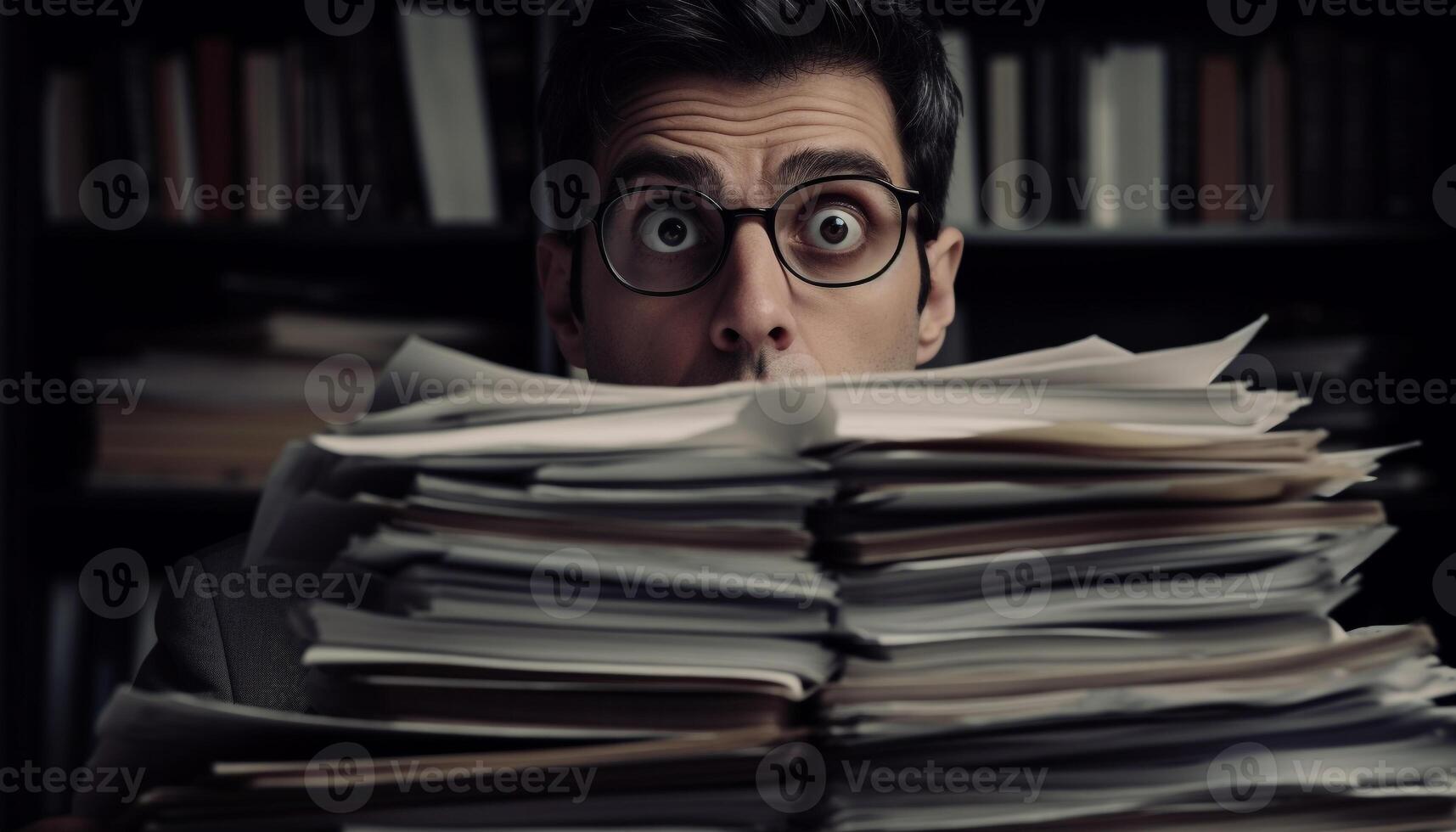 Overworked businessman stacks paperwork, shows emotional stress generated by AI photo