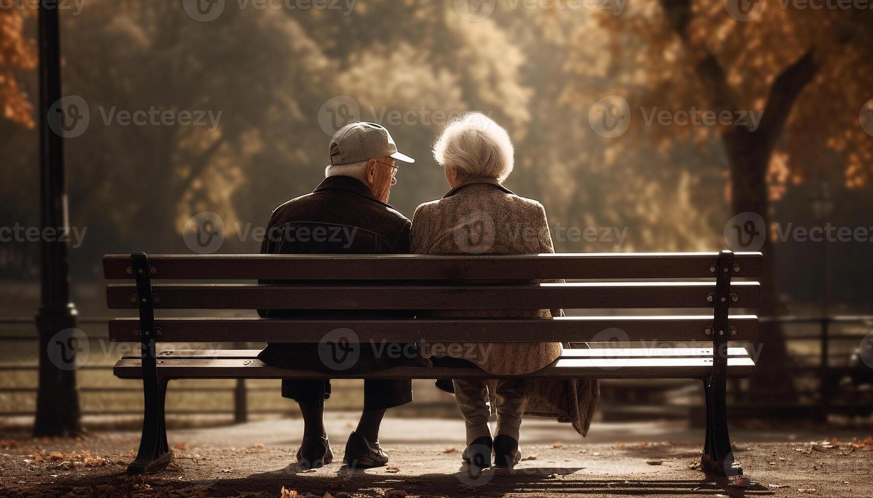 Senior couple embracing on bench in autumn generated by AI photo