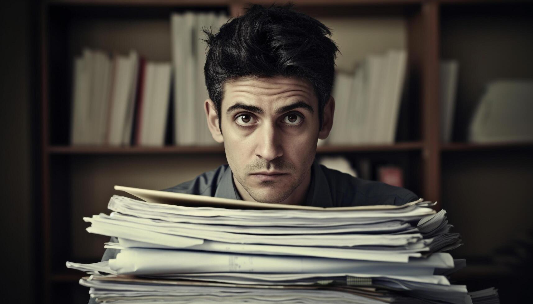 Overworked businessman stacks paperwork, shows emotional stress generated by AI photo