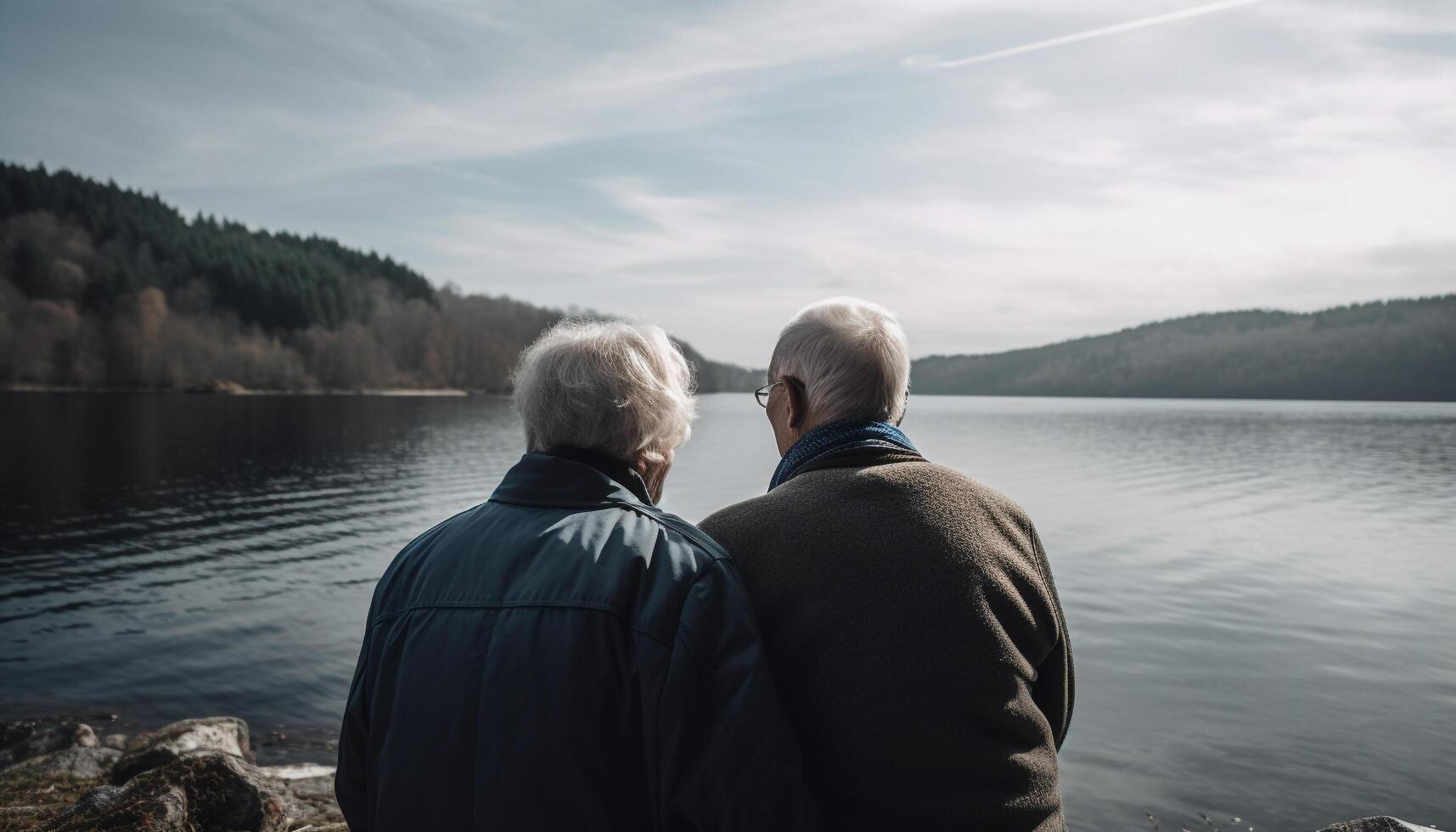 Senior couple embraces love in tranquil mountain landscape generated by AI photo