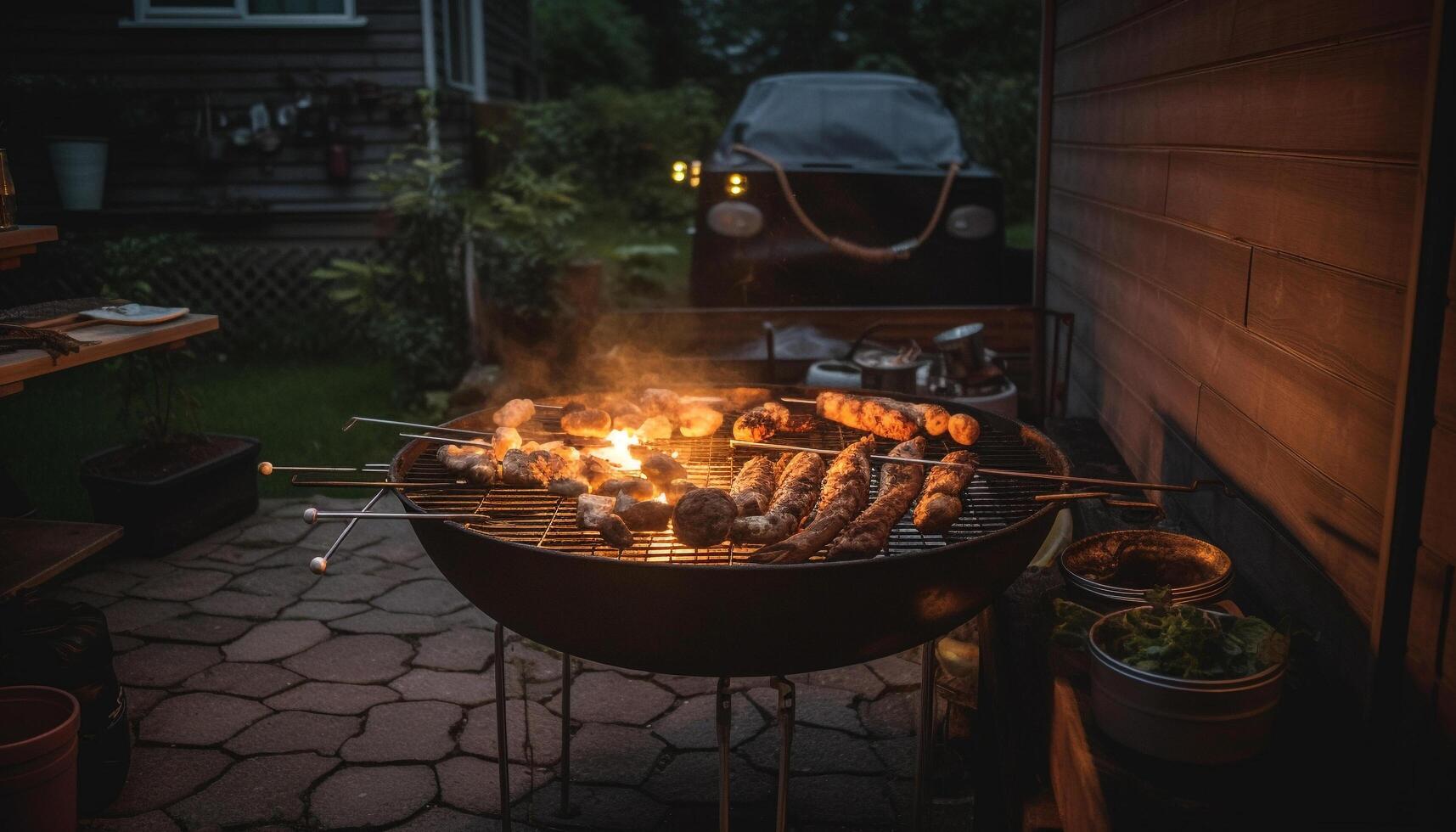 Grilled meat and vegetables on glowing skewers generated by AI photo
