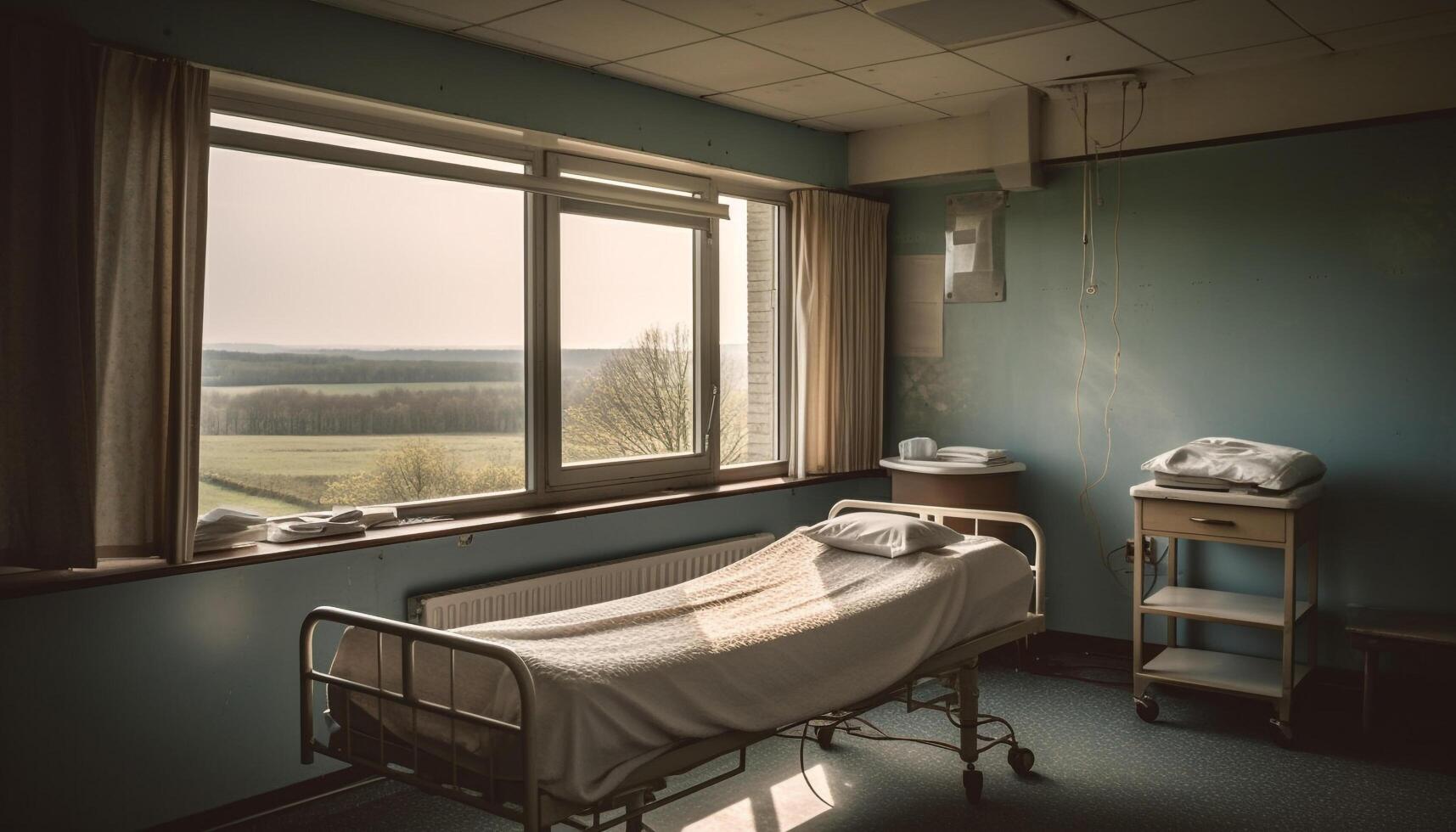 Comfortable bed in modern hospital room window generated by AI photo
