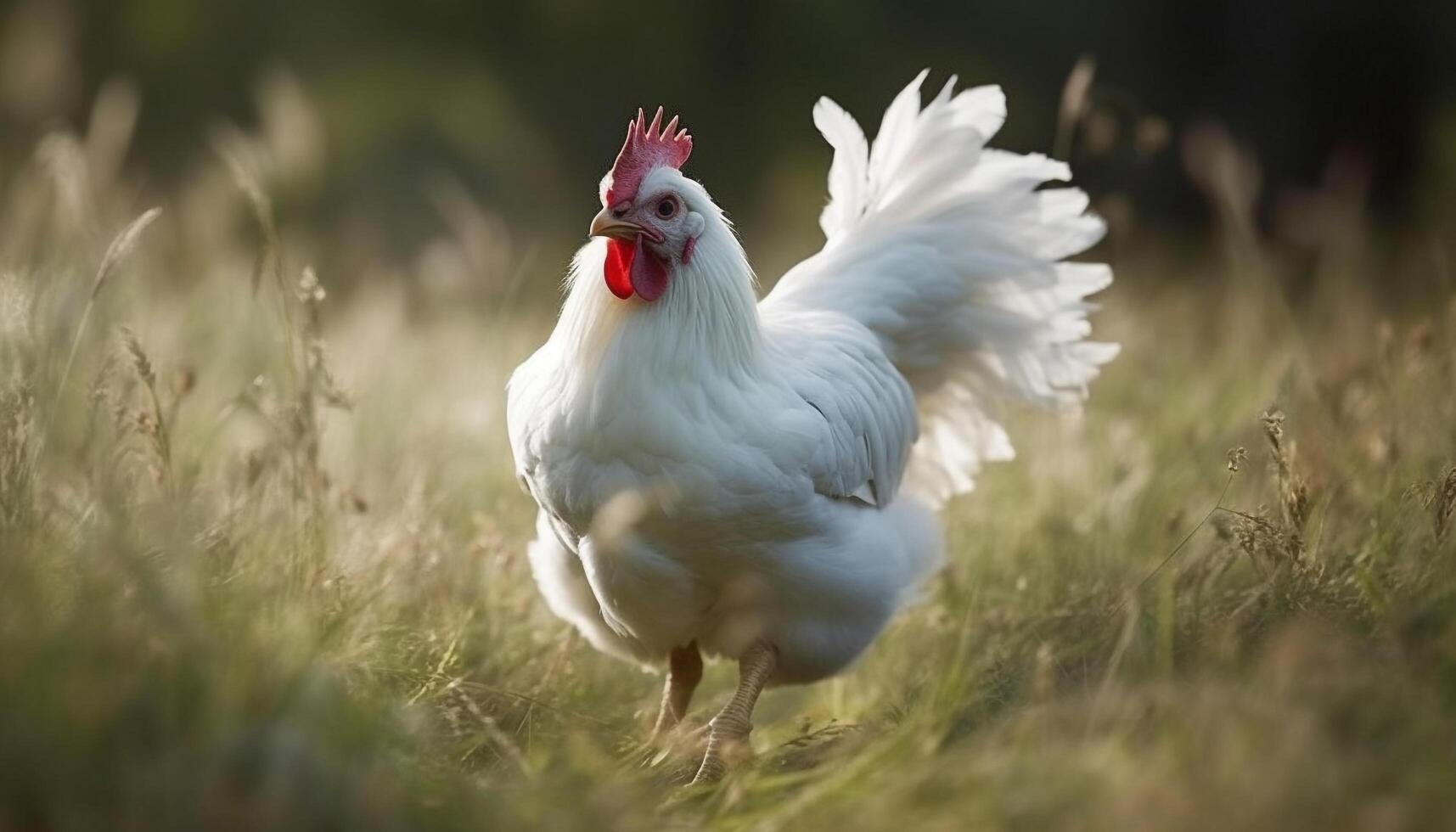 Free range rooster grazes on green meadow generated by AI photo