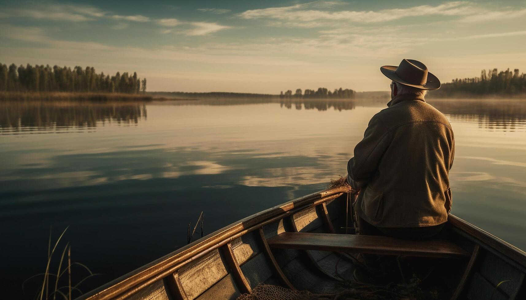 Caucasian man rowing canoe, enjoying tranquil nature generated by AI photo