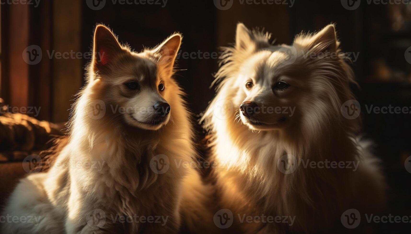 Purebred shetland sheepdog and papillon playing outdoors generated by AI photo