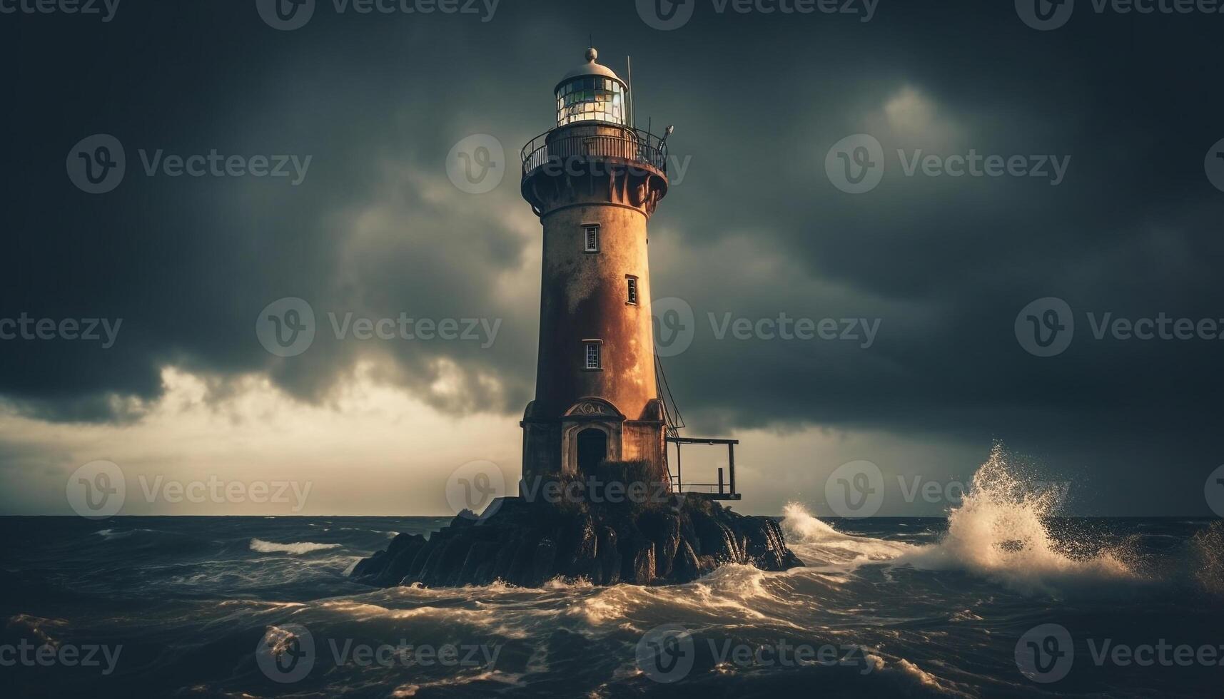 Beacon guides ships through dangerous coastline at dusk generated by AI photo