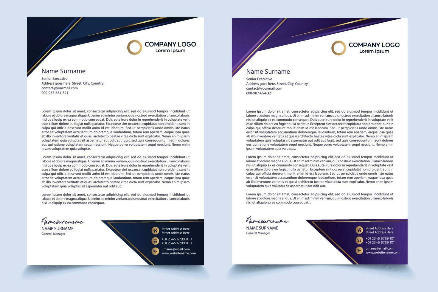 Corporate Business Letterhead, Elegant and minimalist style letterhead template design full Vector. Navy Purple Gold. vector