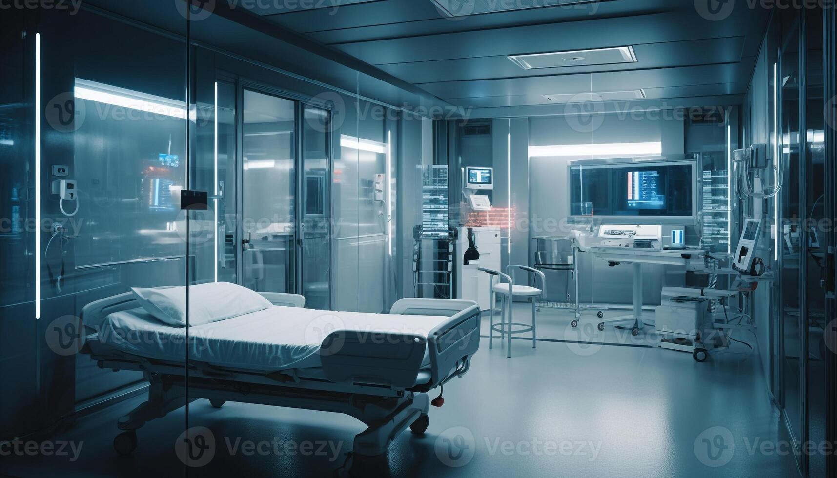 Modern hospital ward with advanced technology and clean equipment generated by AI photo