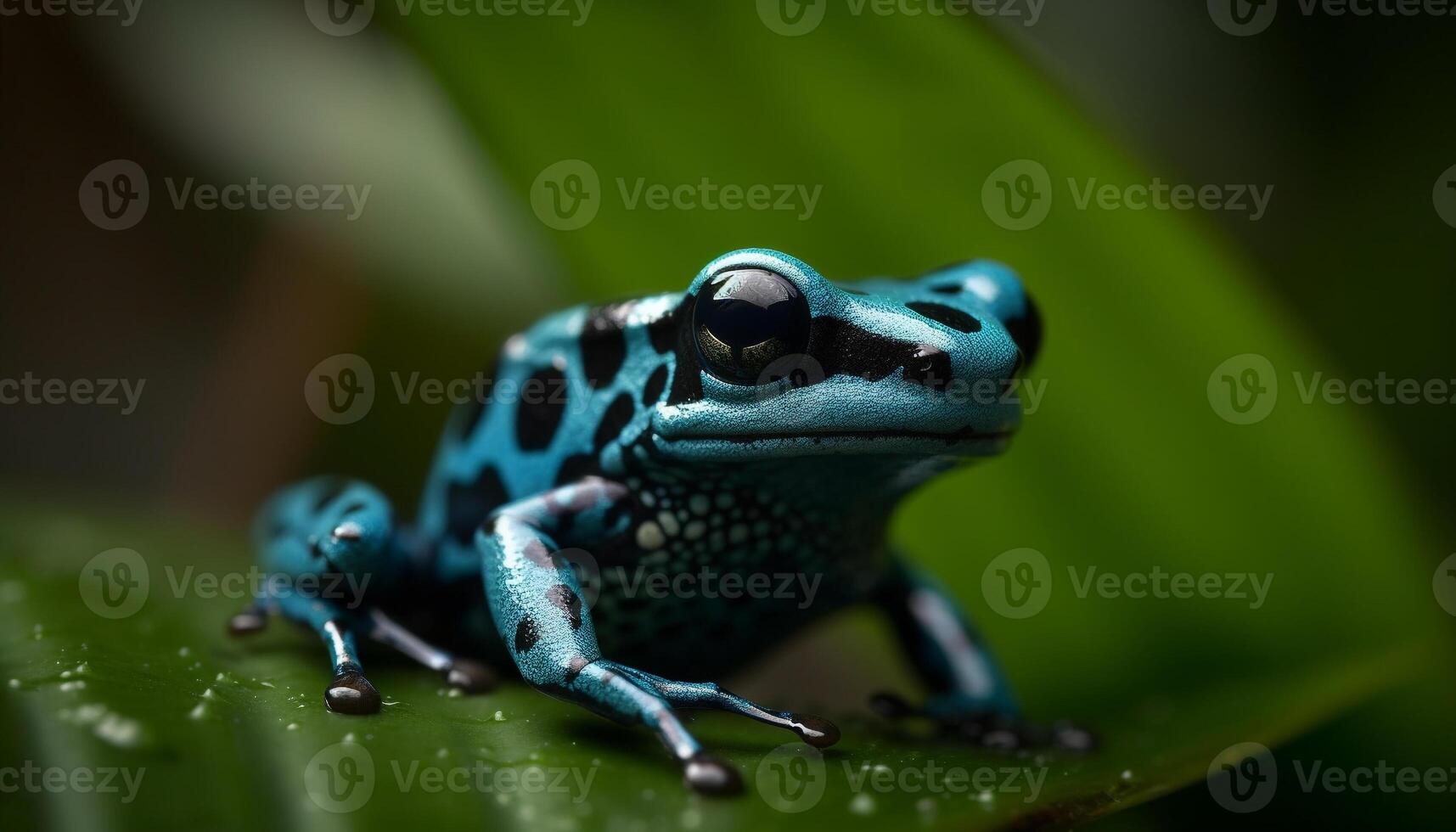 Spotted poison arrow frog sitting on leaf in tropical rainforest generated by AI photo