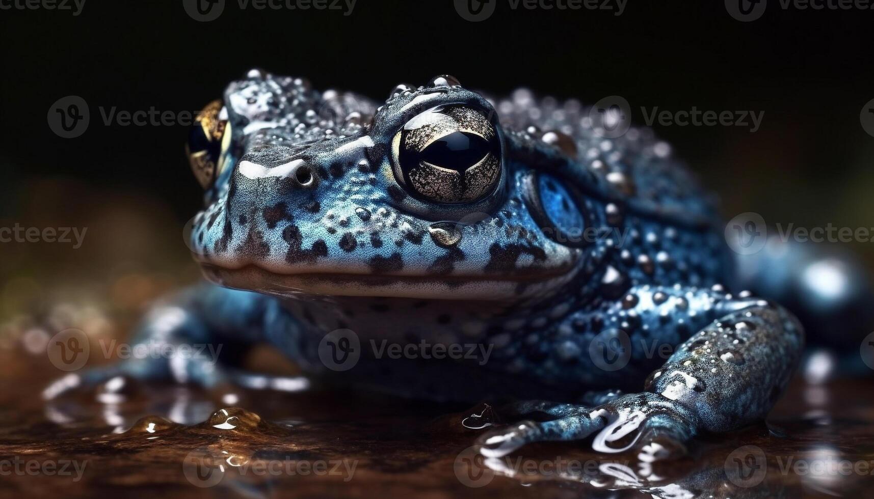 Slimy toad sitting in wet pond, staring at camera generated by AI photo