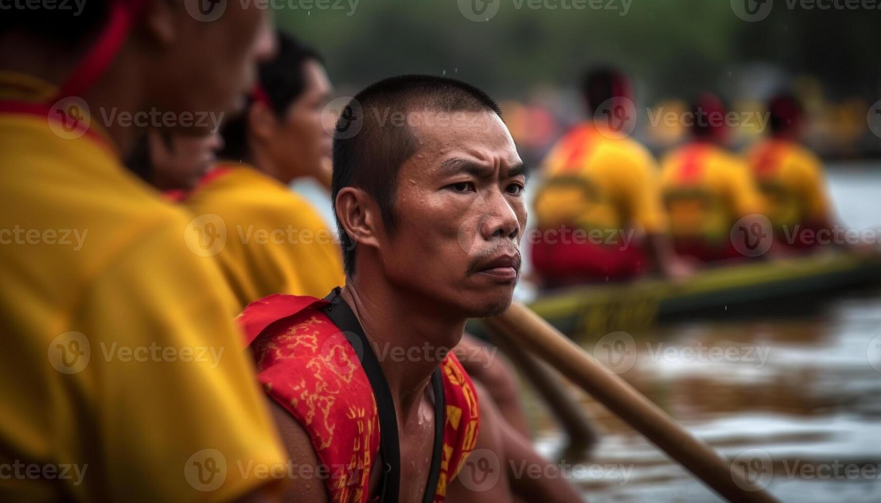 Smiling monk rows nautical vessel in traditional festival parade generated by AI photo