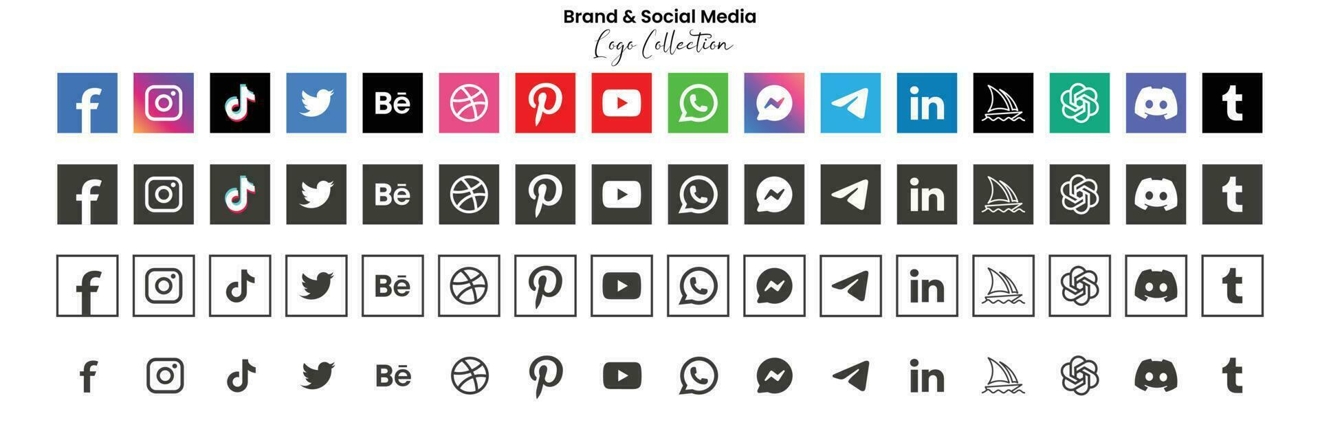 Popular social network symbols, social media logo icons collection, instagram, facebook, twitter, youtube, chatgpt, midjourney, discord and etc. social media icons vector