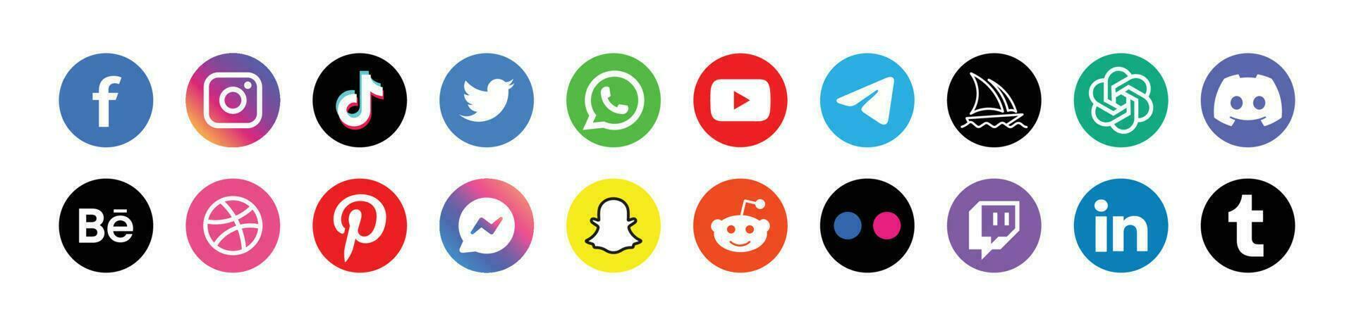 Popular social network symbols, social media logo icons collection, instagram, facebook, twitter, youtube, chatgpt, midjourney, disccord and etc. social media icons vector