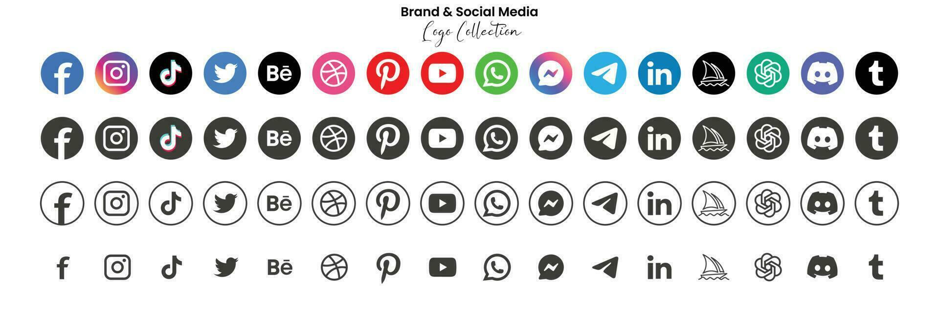 Popular social network symbols, social media logo icons collection, instagram, facebook, twitter, youtube, chatgpt, midjourney, discord and etc. social media icons vector