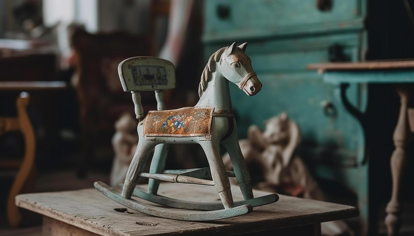 Rustic rocking horse decoration, crafted from old wood and metal generated by AI photo