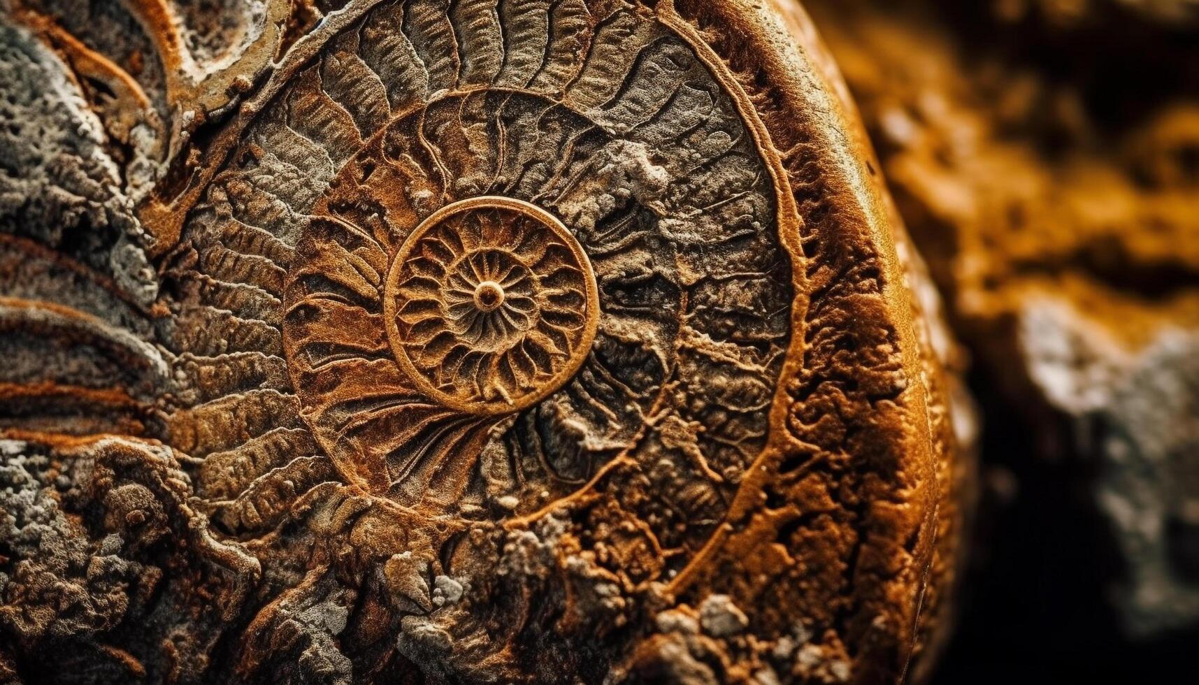Ancient ammonite fossil, extinct animal shell, beauty in nature generated by AI photo