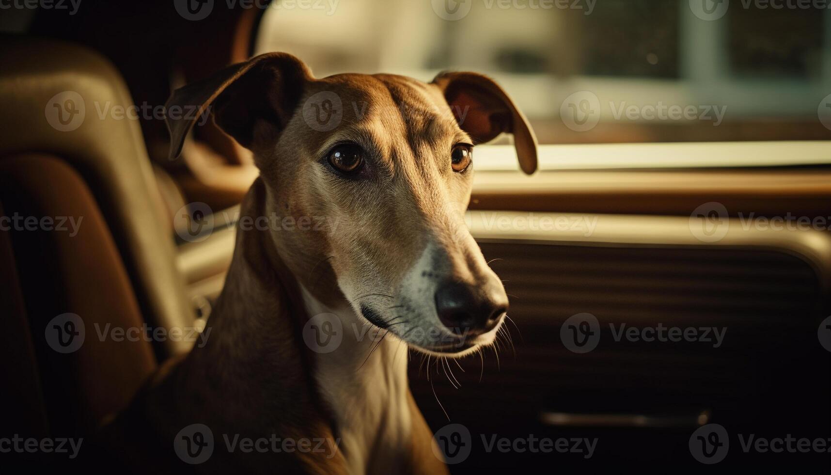 Cute purebred terrier sitting in car window generated by AI photo