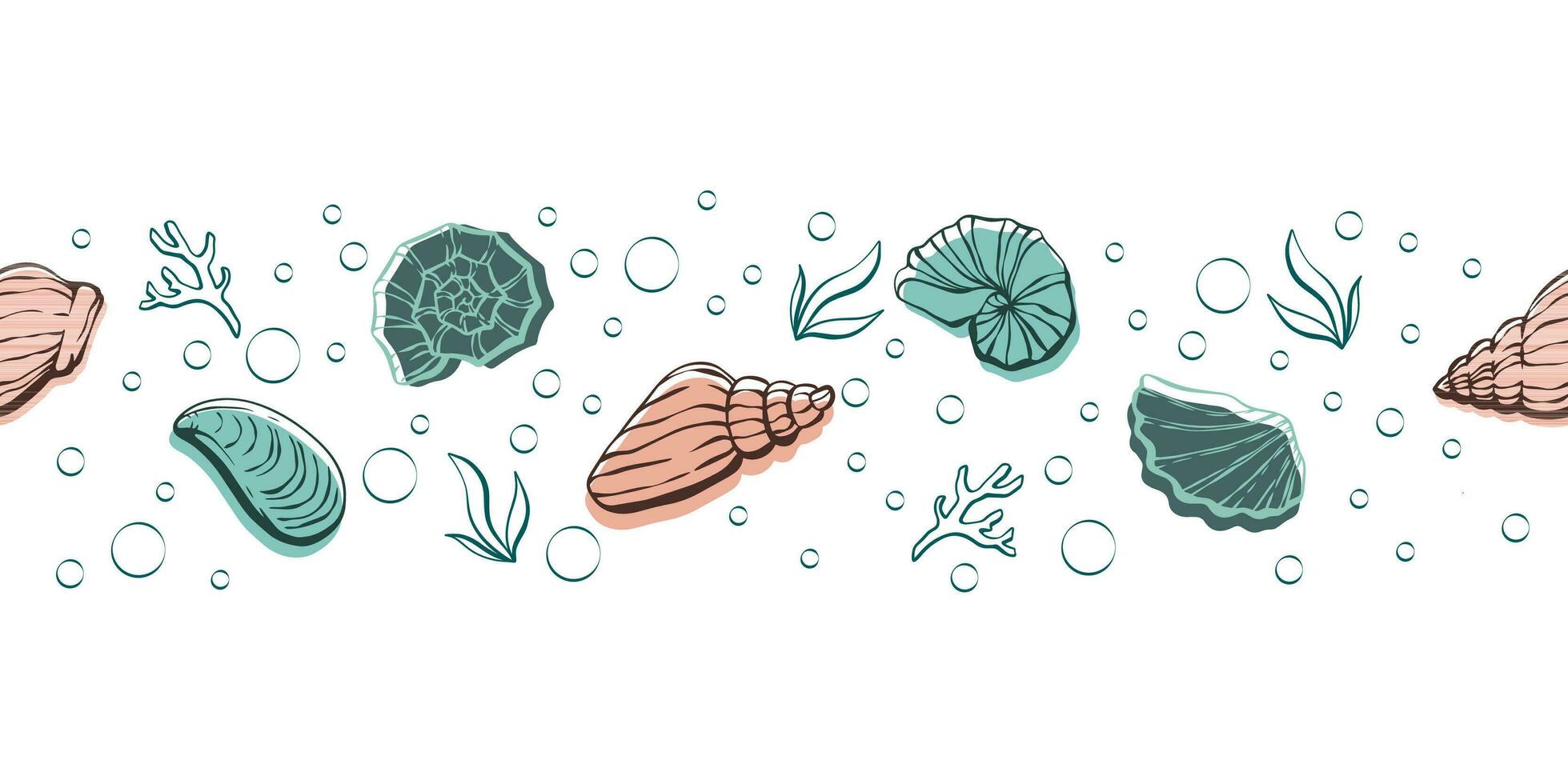 Cute hand drawn sea shells seamless horizontal pattern, summer background with clums, great for textiles, banners, wallpapers - vector design