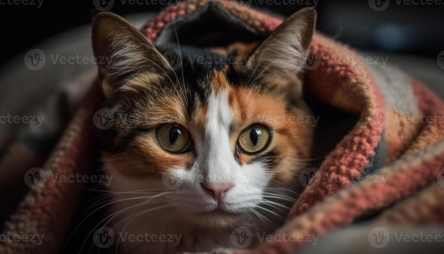 Fluffy kitten staring, resting on soft pillow generated by AI photo