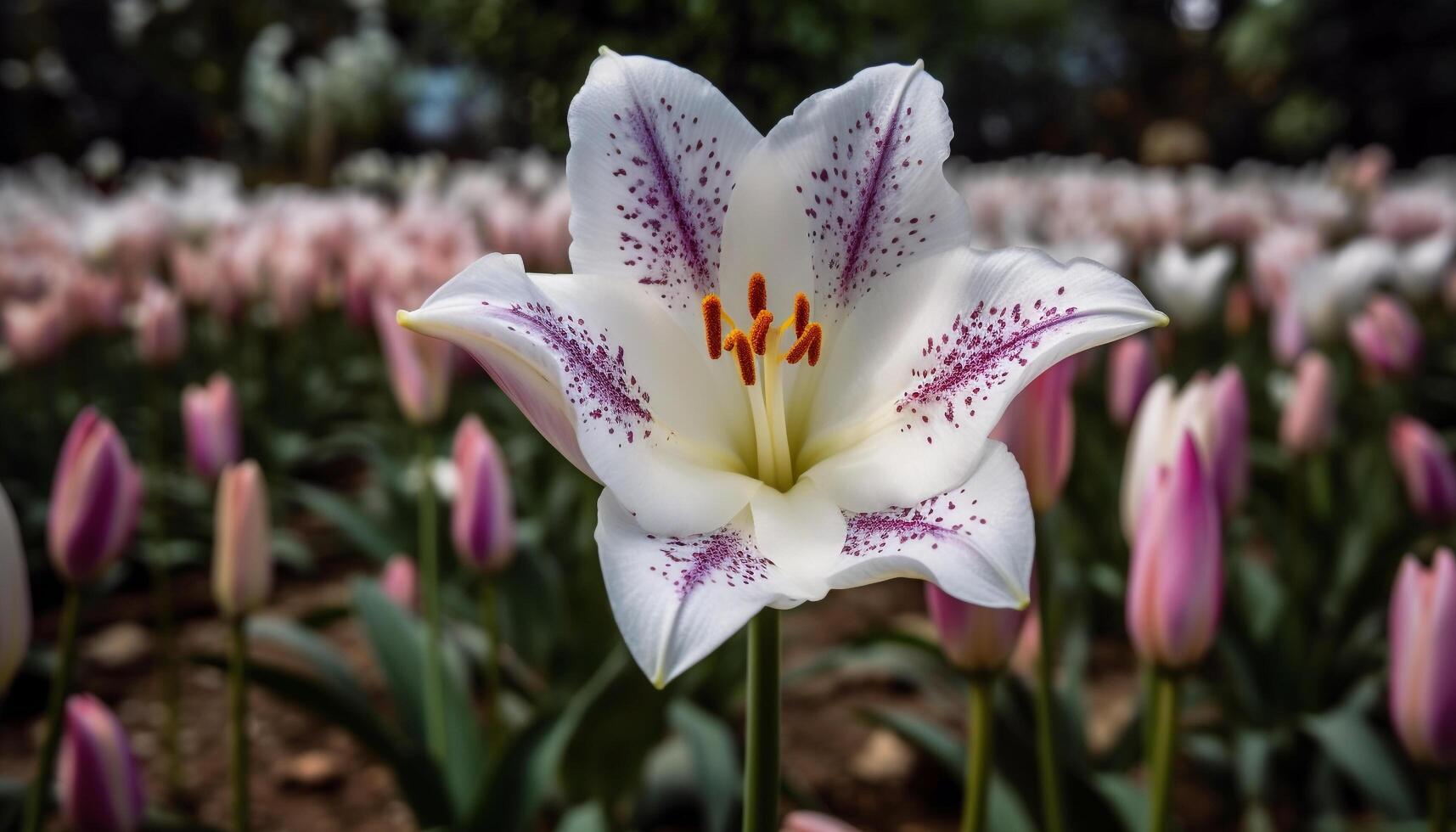 Vibrant tulip blossoms in formal garden elegance generated by AI photo