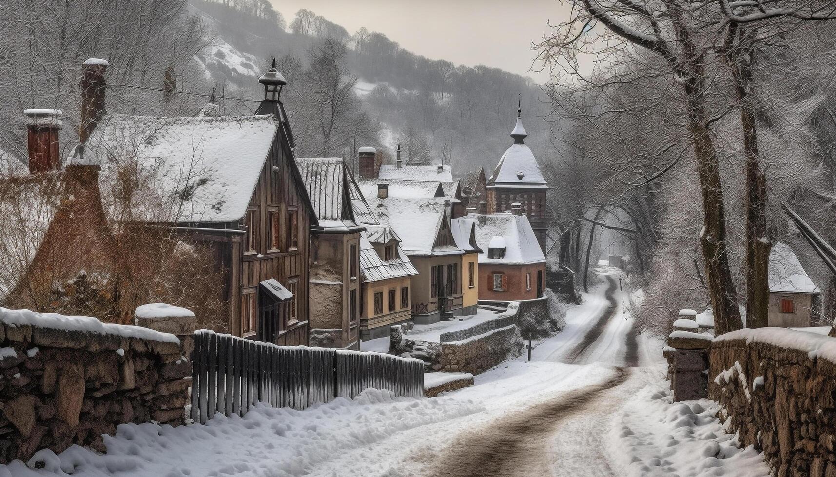Chapel in the snowy forest, tranquil winter generated by AI photo