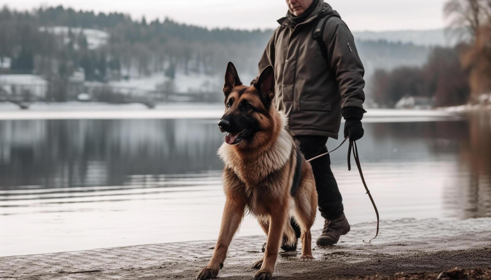 German Shepherd and owner enjoy winter walk generated by AI photo