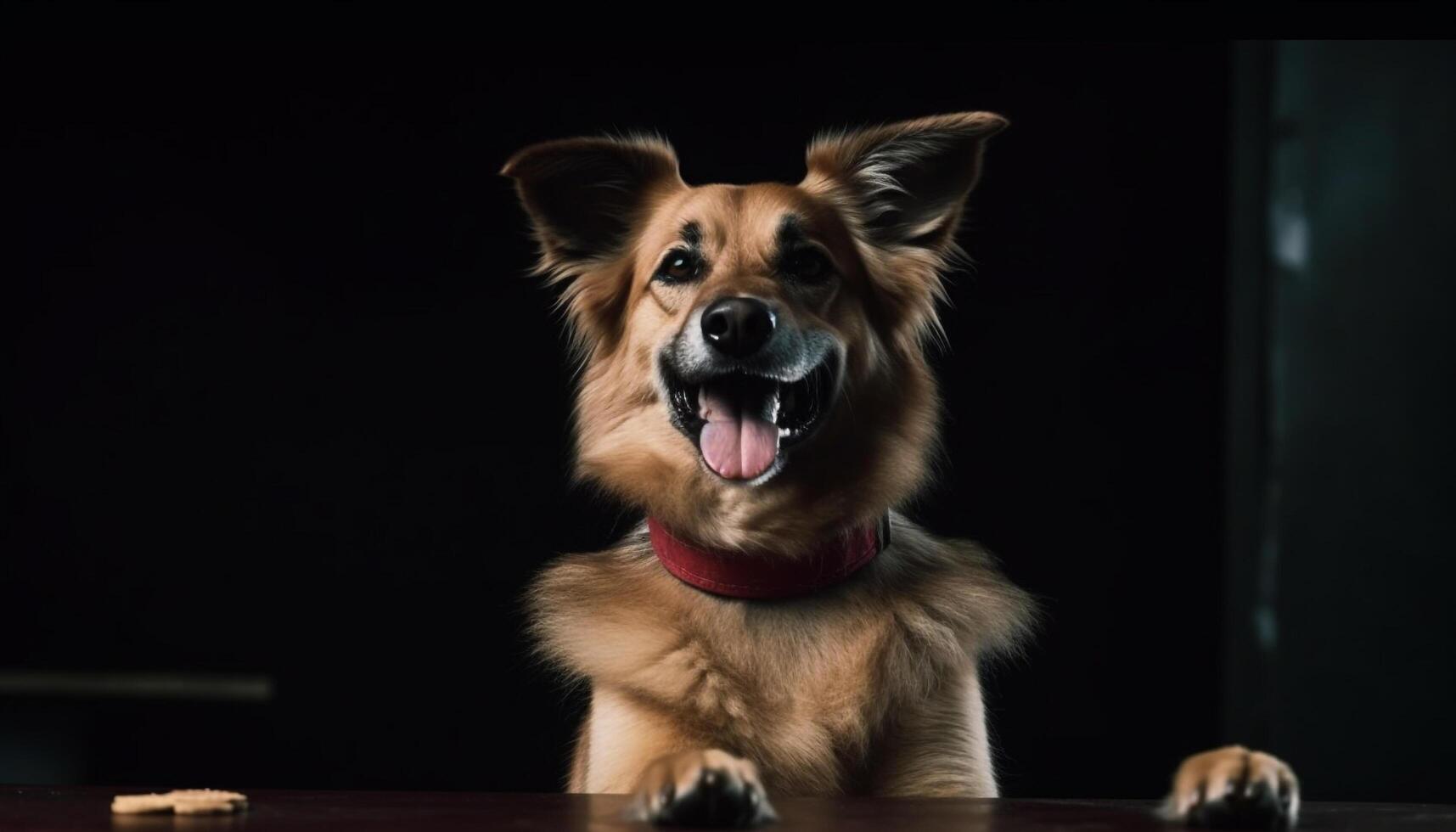 Fluffy puppy sitting, looking at camera, smiling generated by AI photo