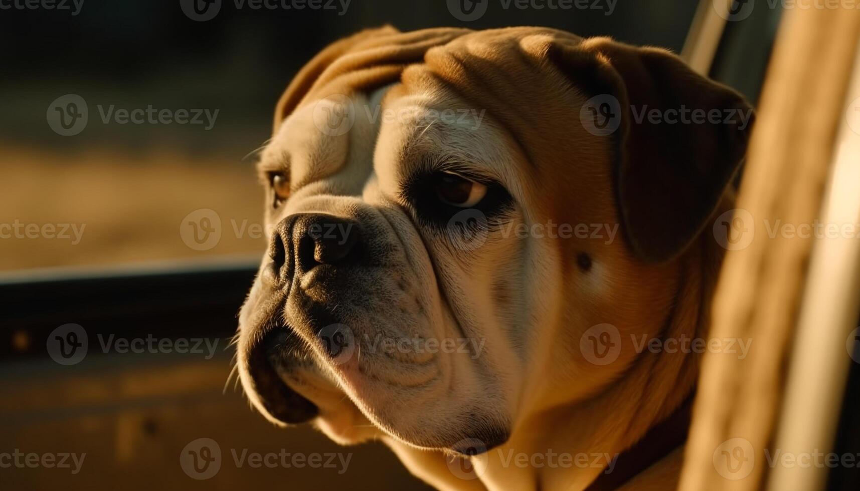 Cute bulldog puppy sitting outdoors, looking sad generated by AI photo