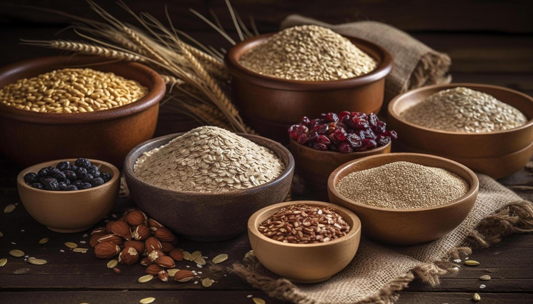 Organic wholegrain cereal plant in wooden bowl generated by AI photo