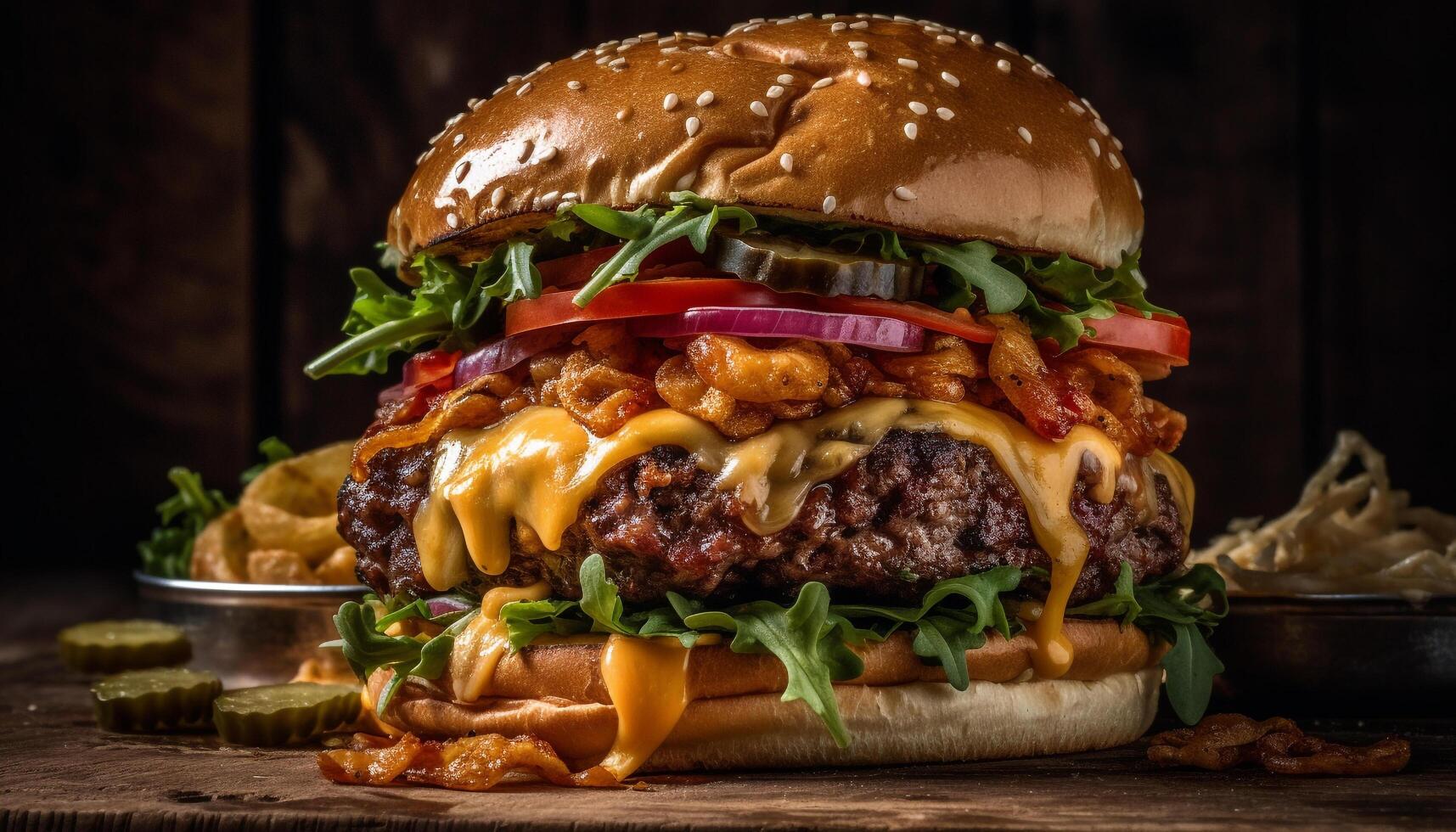 A la parrilla gastrónomo hamburguesa con queso en rústico ciabatta bollo generado por ai foto