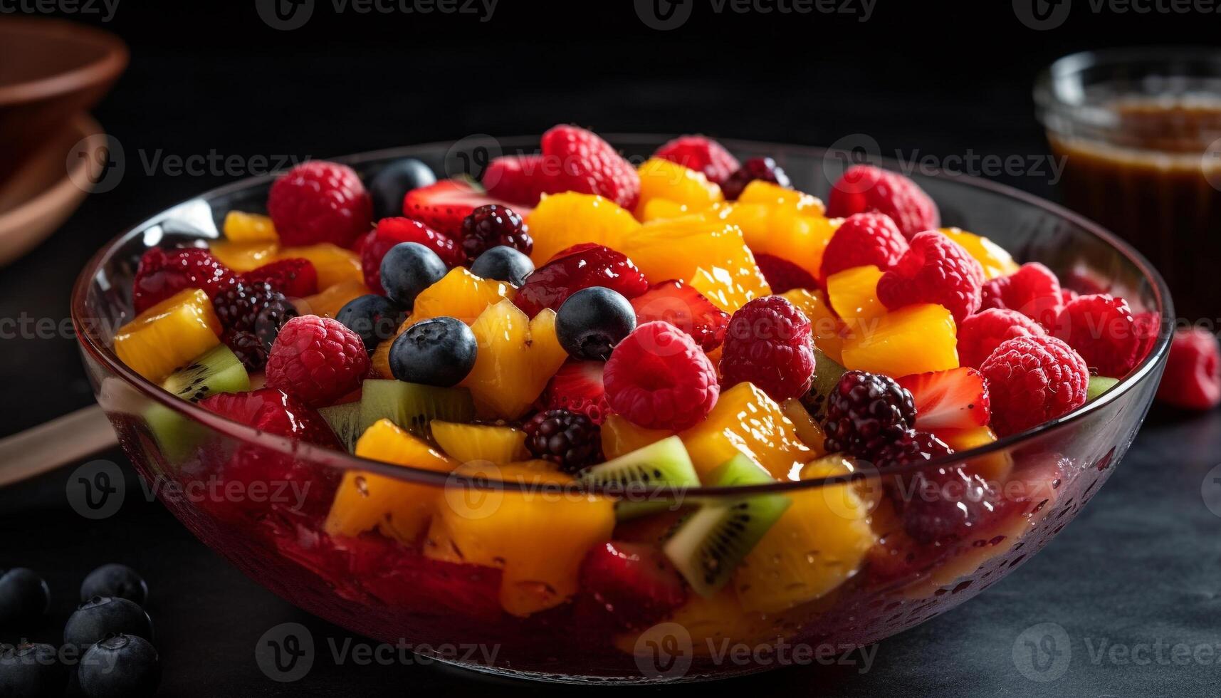 Fresco Fruta ensalada un sano verano bocadillo generado por ai foto