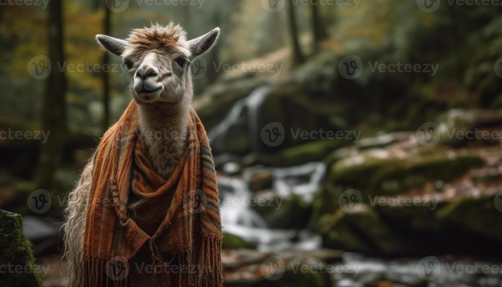 Cute alpaca portrait, standing in rural farm generated by AI photo