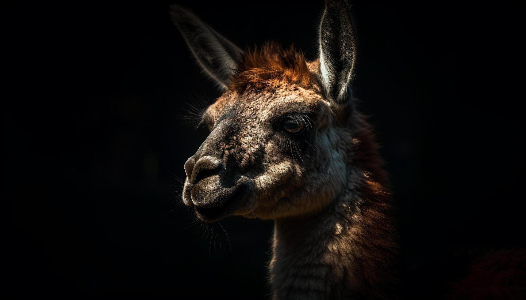 Cute alpaca portrait, looking at camera with fluffy fur generated by AI photo