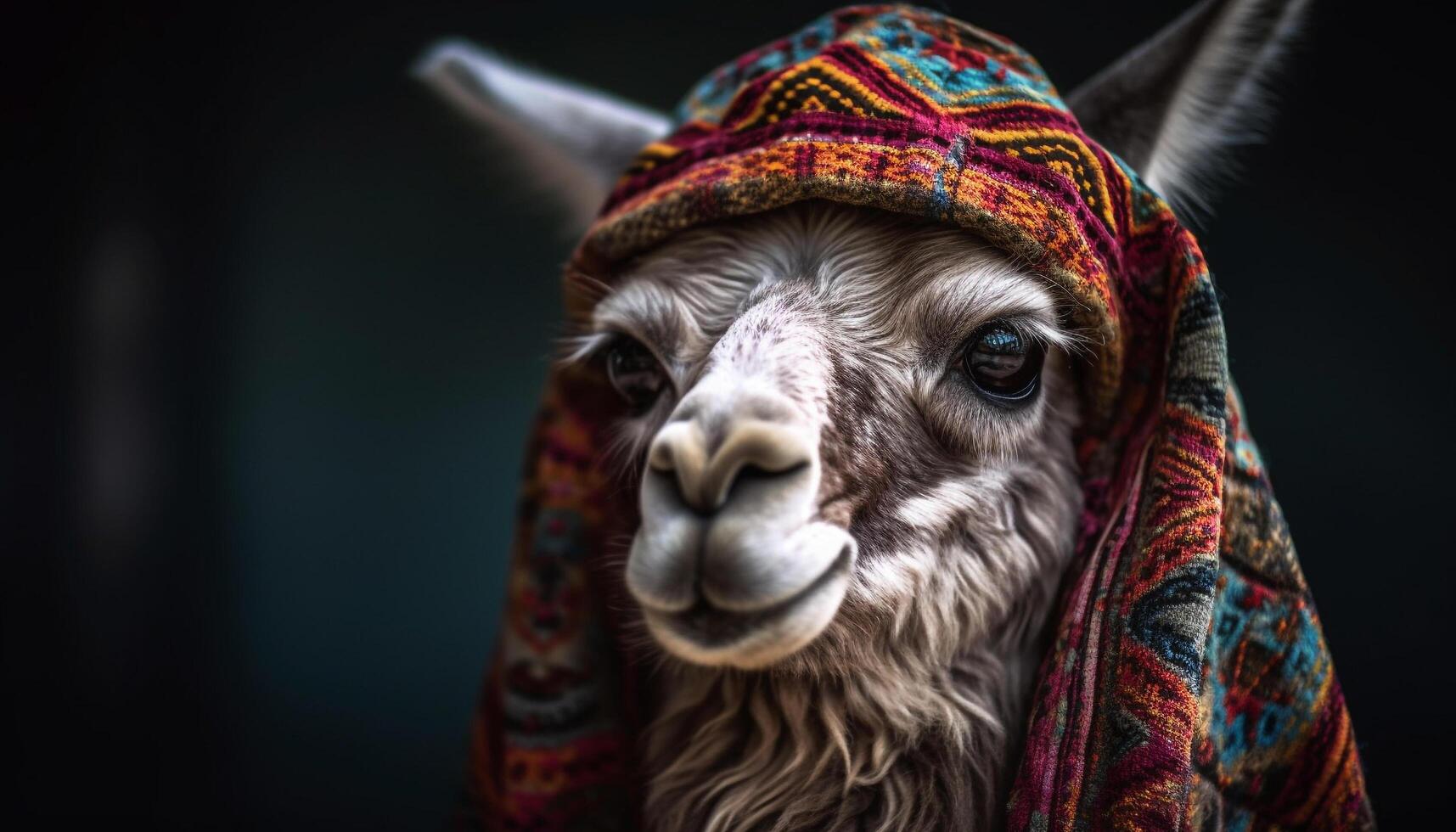 Cute alpaca in knit hat smiles for camera generated by AI photo