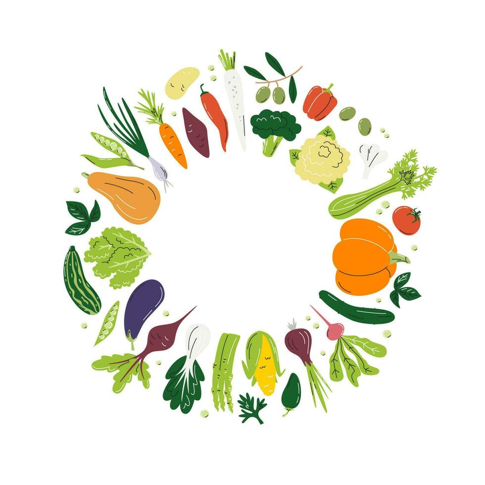 verduras redondo composición. diferente eco granja agrícola local productos concepto diseño aislado en blanco. circulo marco modelo con vegetales. mano dibujado plano vector ilustración con Copiar espacio