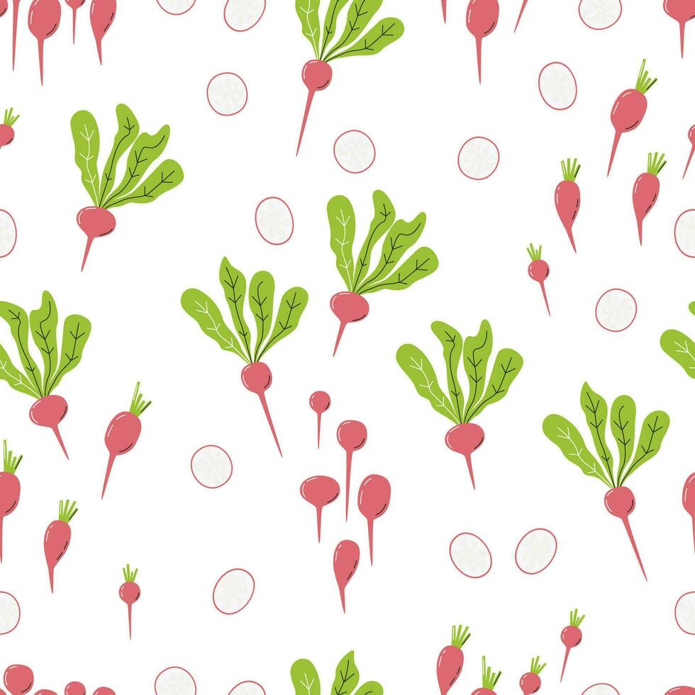 Pink root crop vegetable isolated on white. Radish seamless backdrop. Various slice shapes of farm local product. Wrapping paper design of organic veggie. Hand drawn flat vector pattern illustration