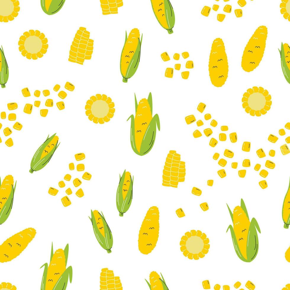 Corncob seamless pattern. Different sweet corns. Eco farm local agricultural product. Vegetable wallpaper design. Harvest season food print. Hand drawn flat vector illustration isolated on white