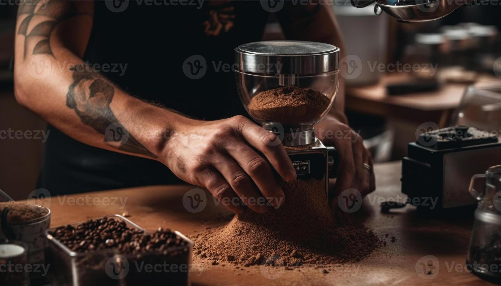 Barista crafting fresh coffee, owner overseeing workshop generated by AI photo