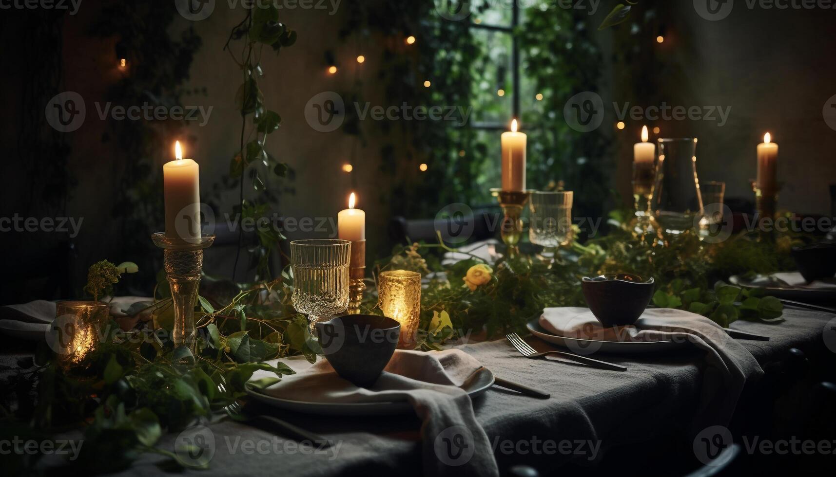 Candlelight illuminates table, romance and celebration glowing generated by AI photo