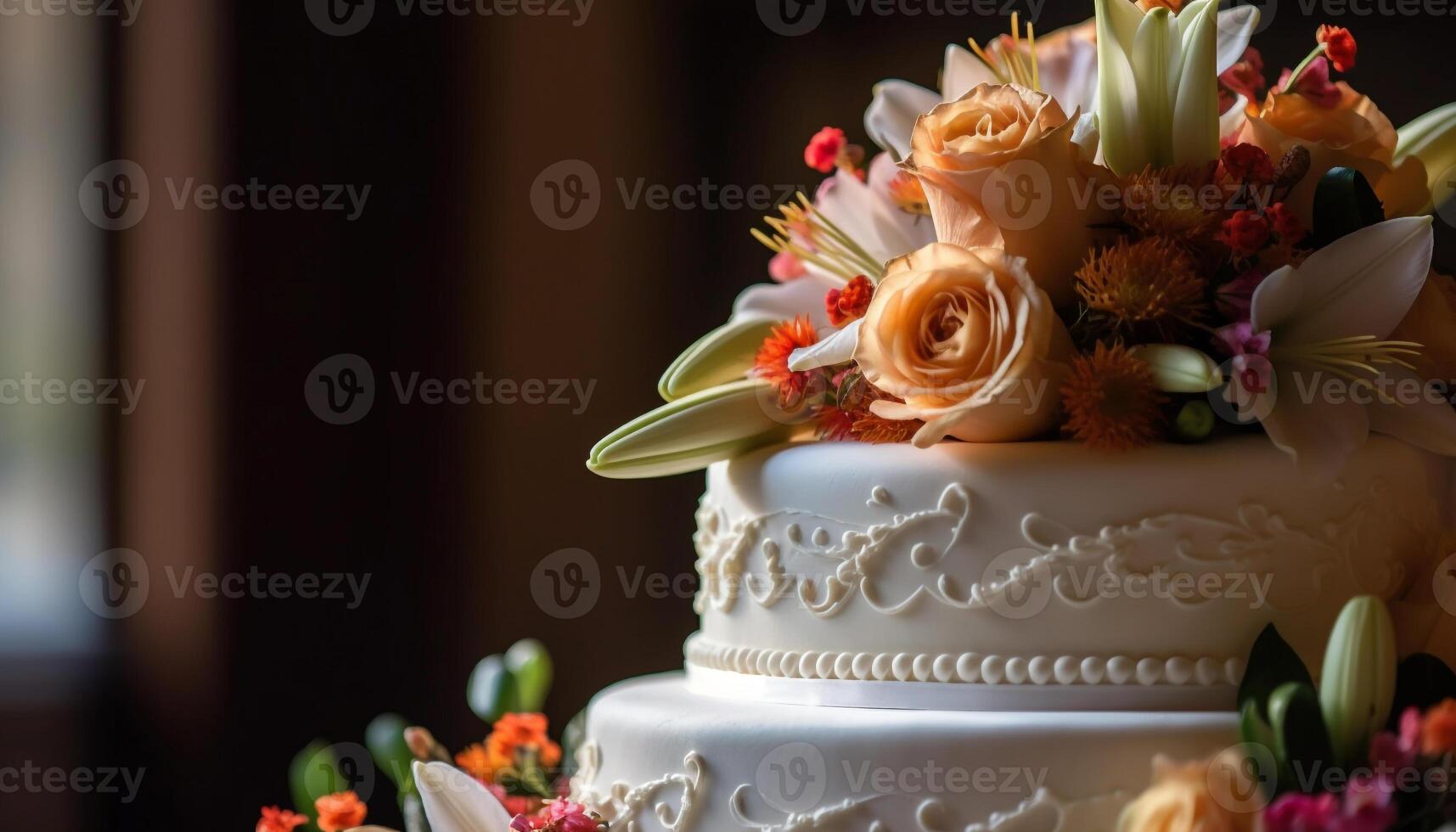 A decadent wedding cake adorned with flowers generated by AI photo