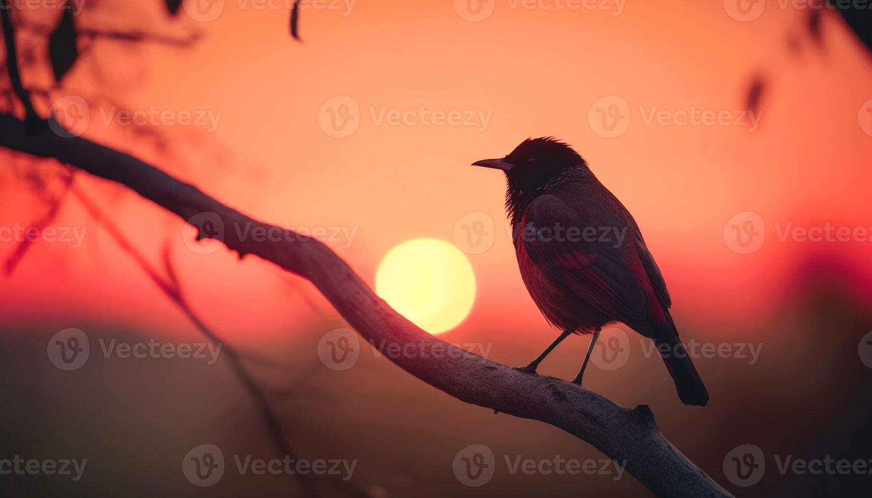 Silhouette of starling perching on orange branch generated by AI photo