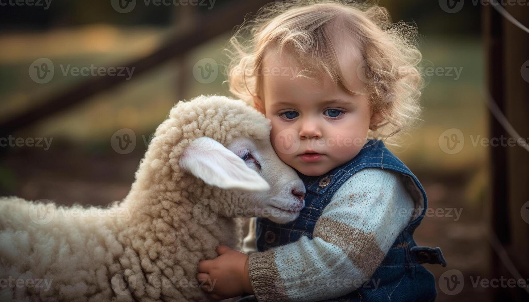 Smiling Caucasian child embraces cute woolly lamb generated by AI photo