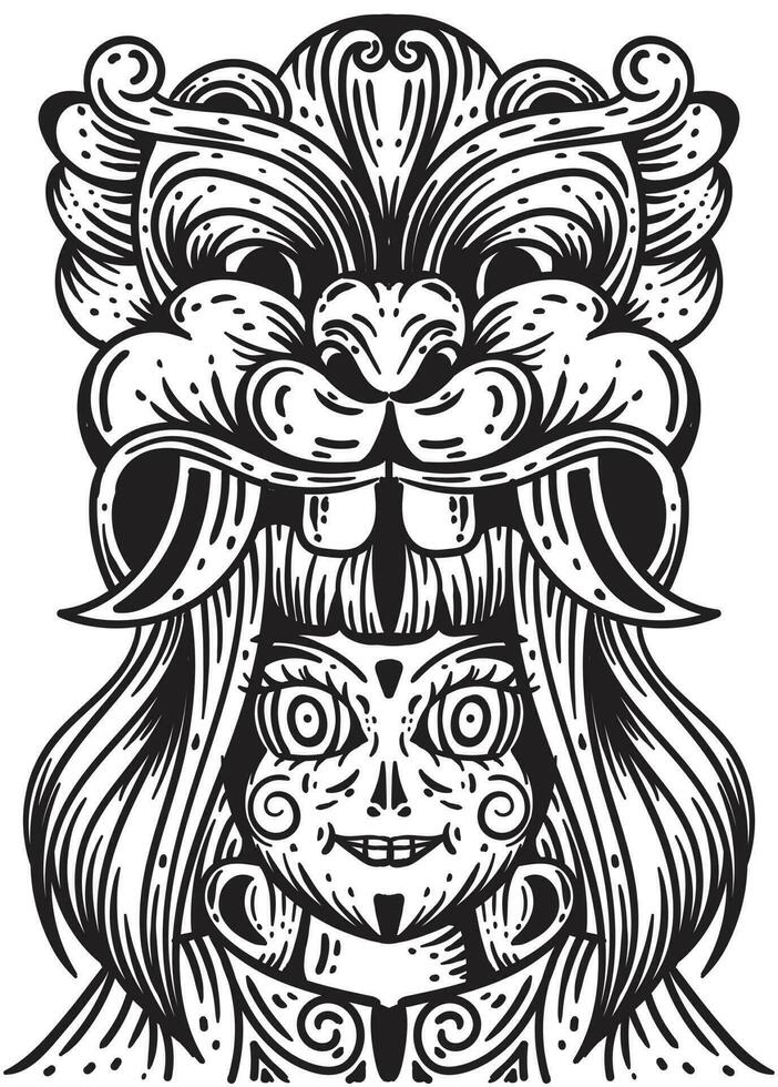 Girl Wear Barong Mask Illustration Art vector