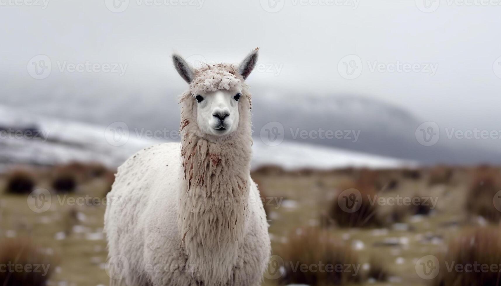 Cute alpaca grazing on snowy mountain meadow generated by AI photo