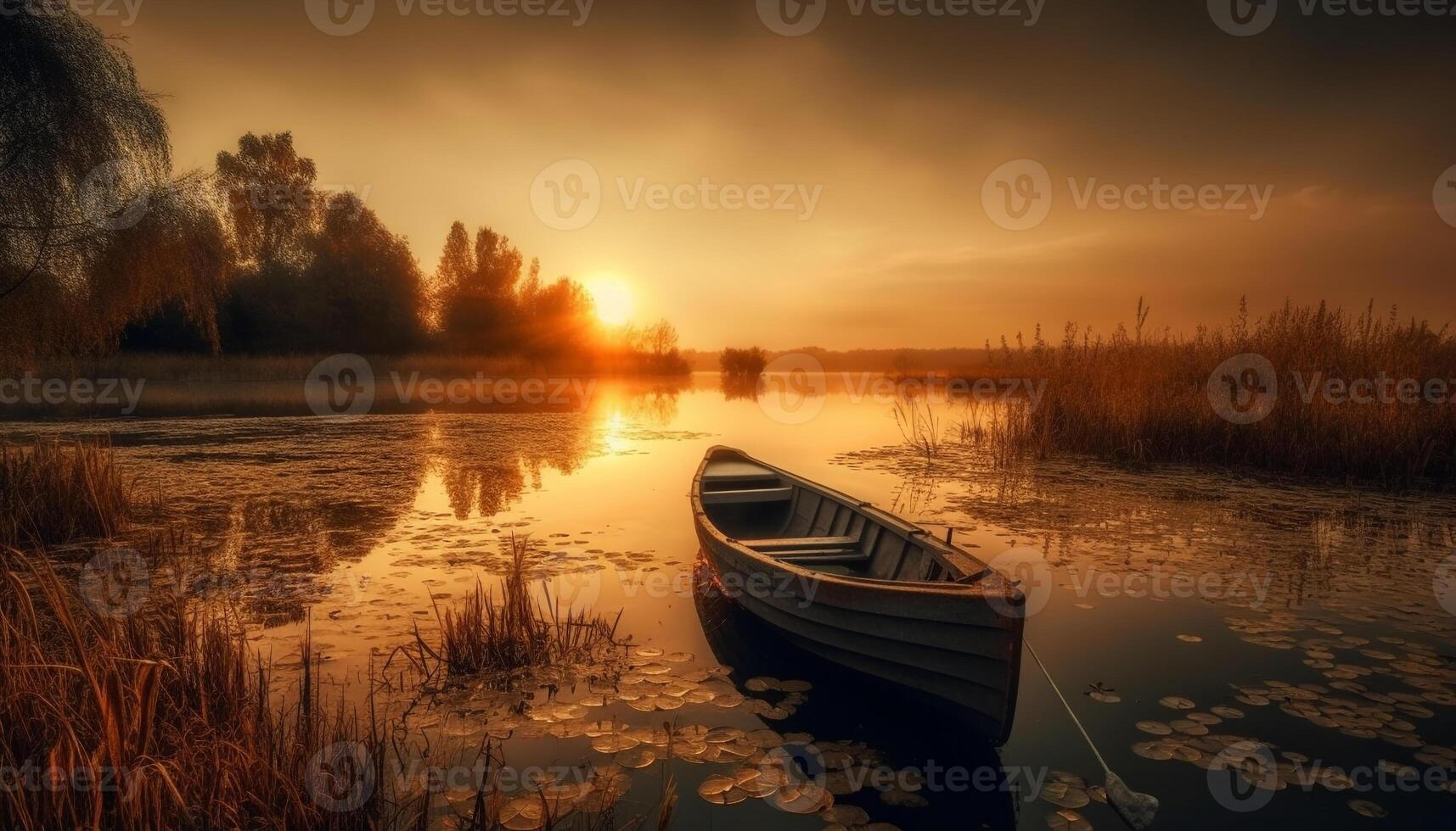 Rowboat glides on tranquil pond at dusk generated by AI photo