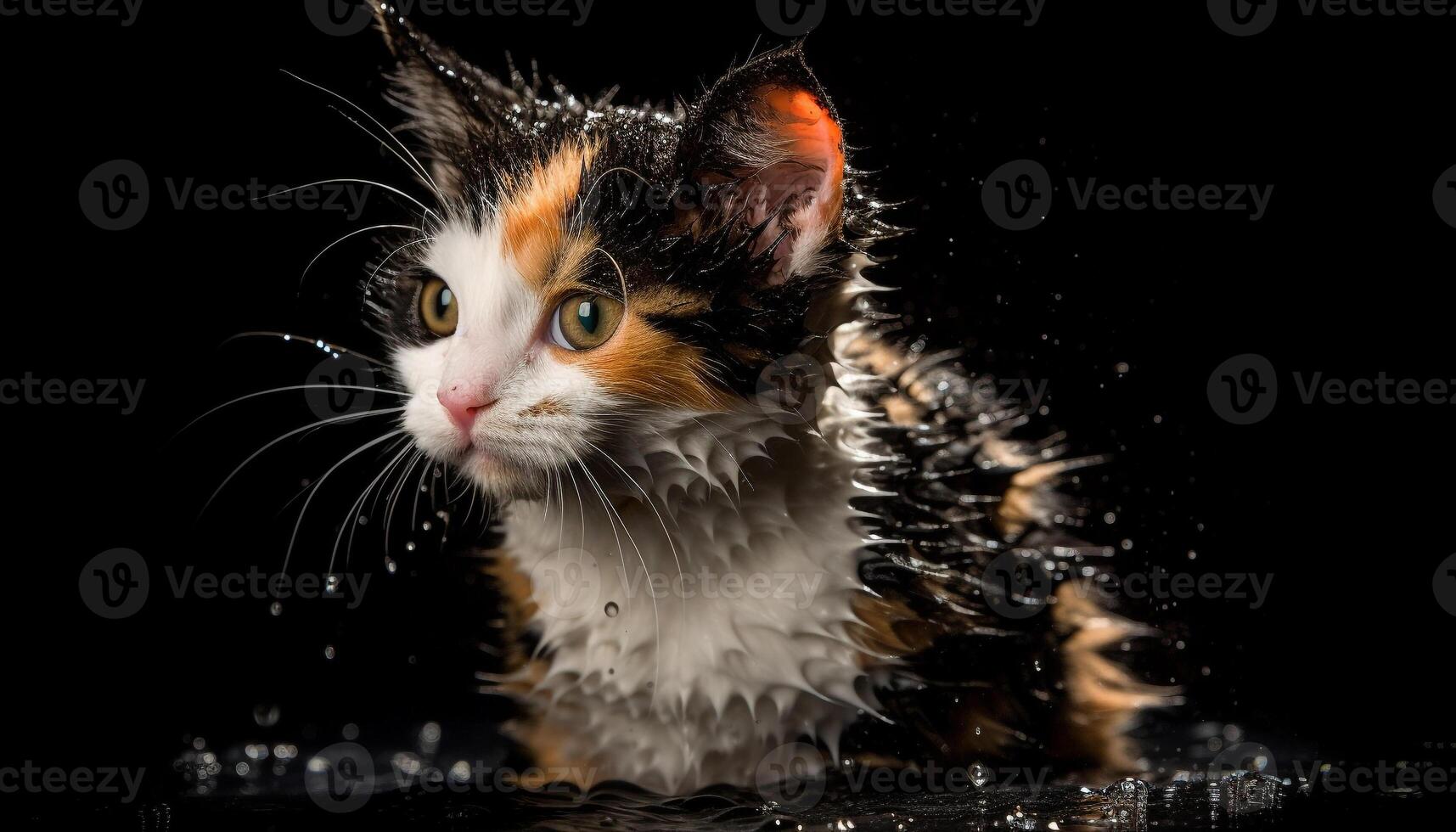 Fluffy kitten stares, wet hair, playful curiosity generated by AI photo