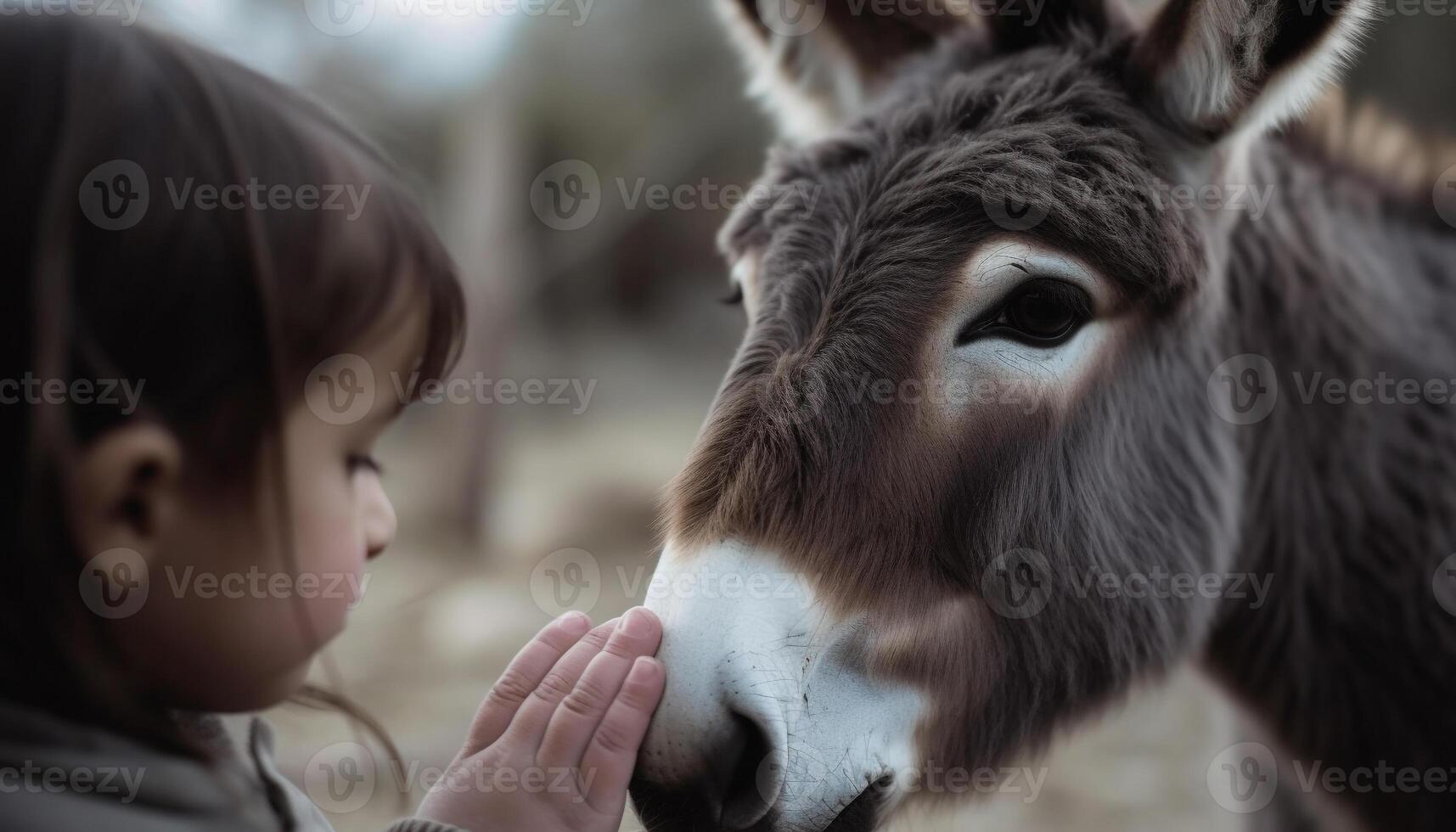 Smiling child strokes cute donkey on farm generated by AI photo