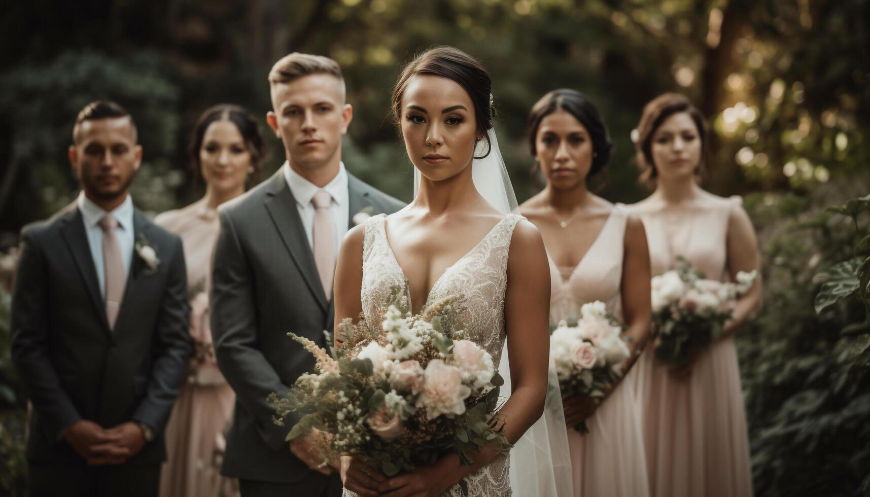 Newlywed couple smiling, holding bouquet, surrounded by nature generated by AI photo